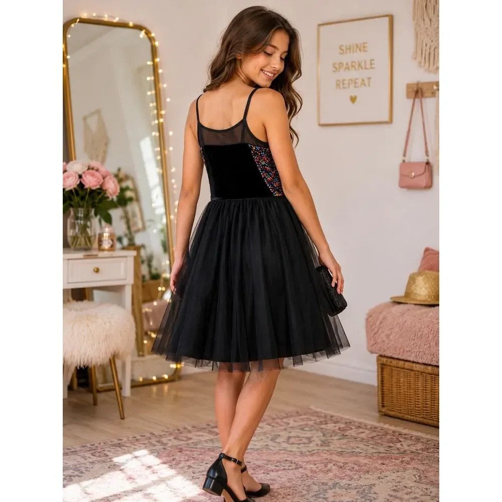 ZENZI SEQUINED SPAGHETTI STRAP VELVET  DRESS YOUTH SIZE 14/16